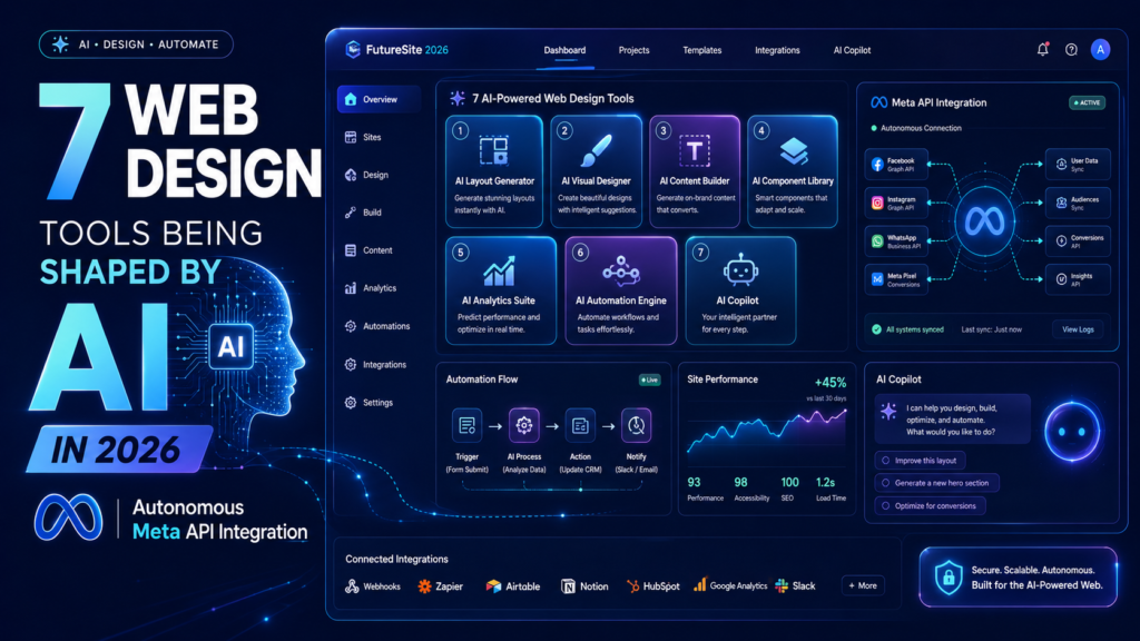 Dashboard interface of a 7 Web Design tool Being Shaped by AI in 2026 showing autonomous Meta API integration.