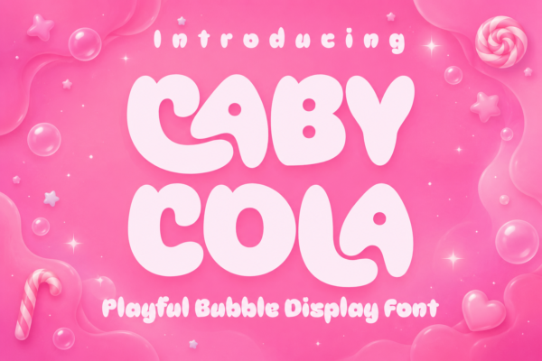 Caby Cola, a bold and playful display font inspired by retro candy packaging, fizzy drinks, groovy lettering, and cheerful cartoon graphics.