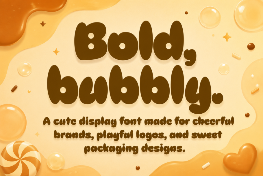Caby Cola, a bold and playful display font inspired by retro candy packaging, fizzy drinks, groovy lettering, and cheerful cartoon graphics.