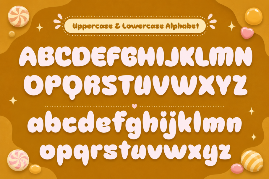 Caby Cola, a bold and playful display font inspired by retro candy packaging, fizzy drinks, groovy lettering, and cheerful cartoon graphics.