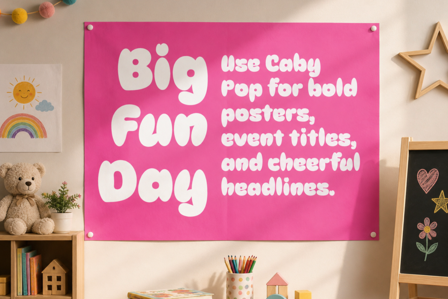 Caby Cola, a bold and playful display font inspired by retro candy packaging, fizzy drinks, groovy lettering, and cheerful cartoon graphics.