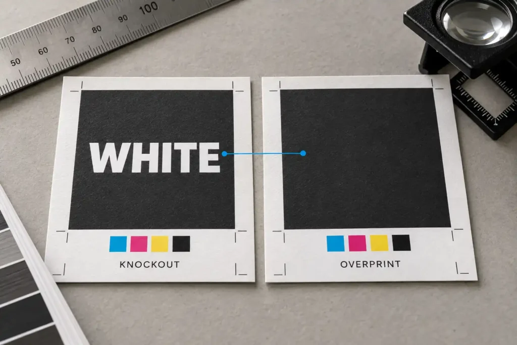 Illustration comparing visible white knockout text with missing white overprint text on two dark print proofs.