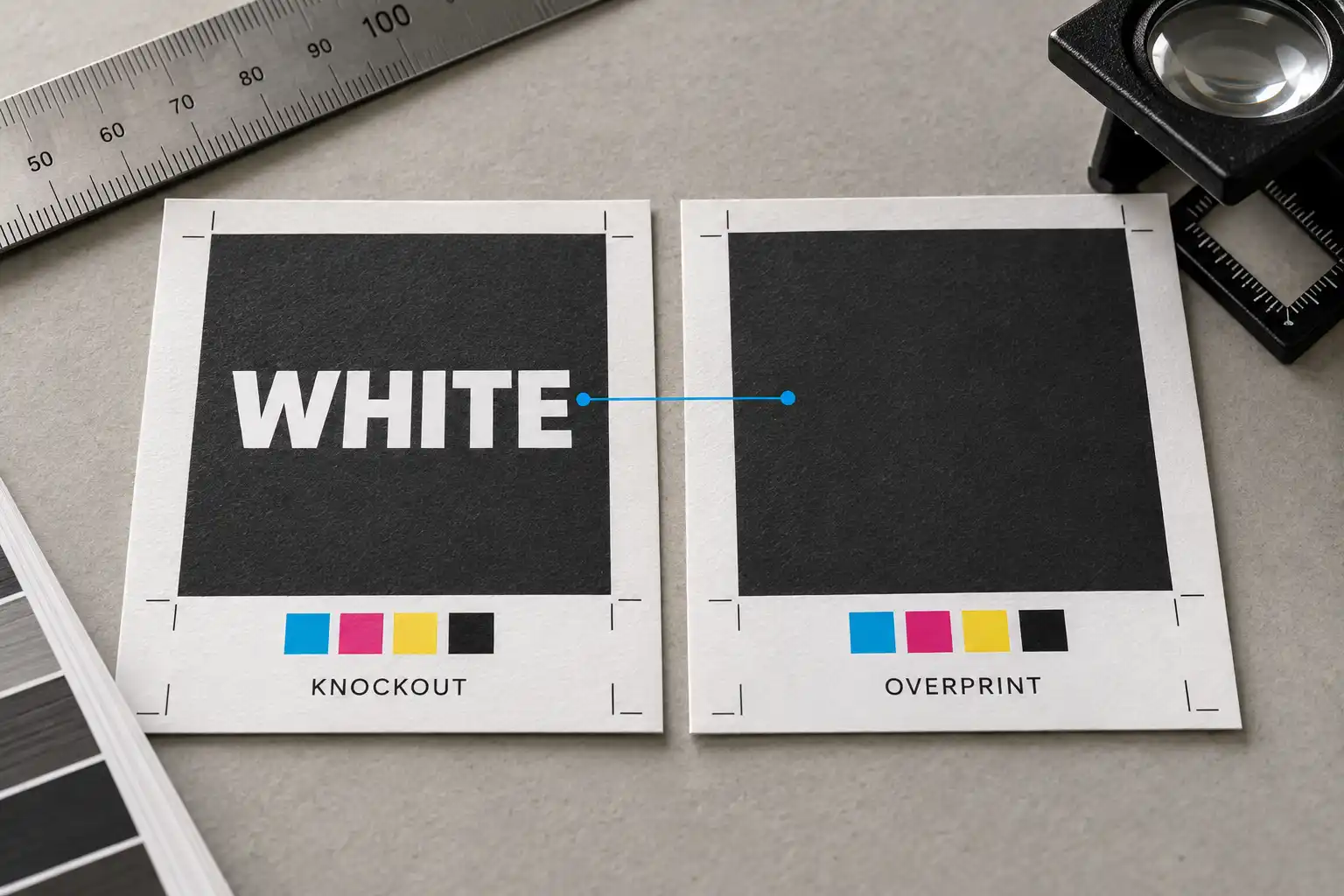 Illustration comparing visible white knockout text with missing white overprint text on two dark print proofs.
