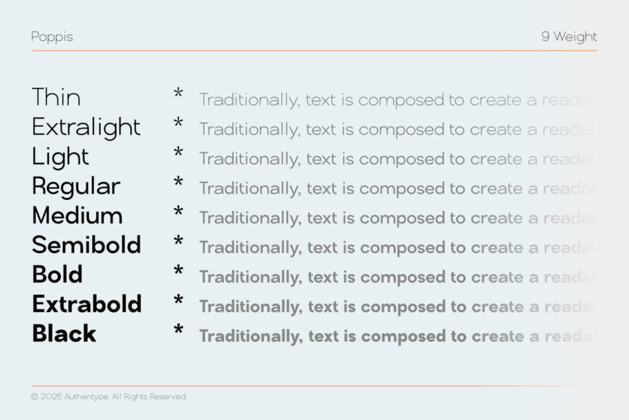 Poppis is a contemporary geometric sans-serif font that harmoniously blends technical precision with an artistic flair.