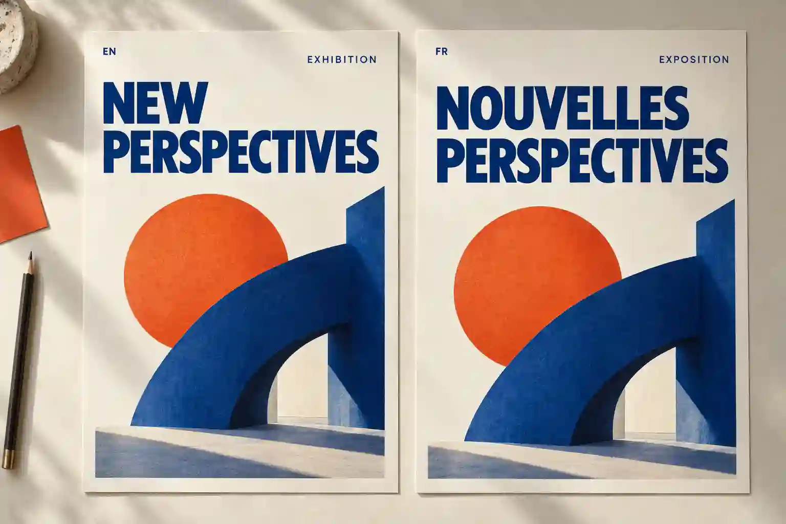 English and French exhibition posters with matching blue-and-orange artwork and adapted headline layouts.