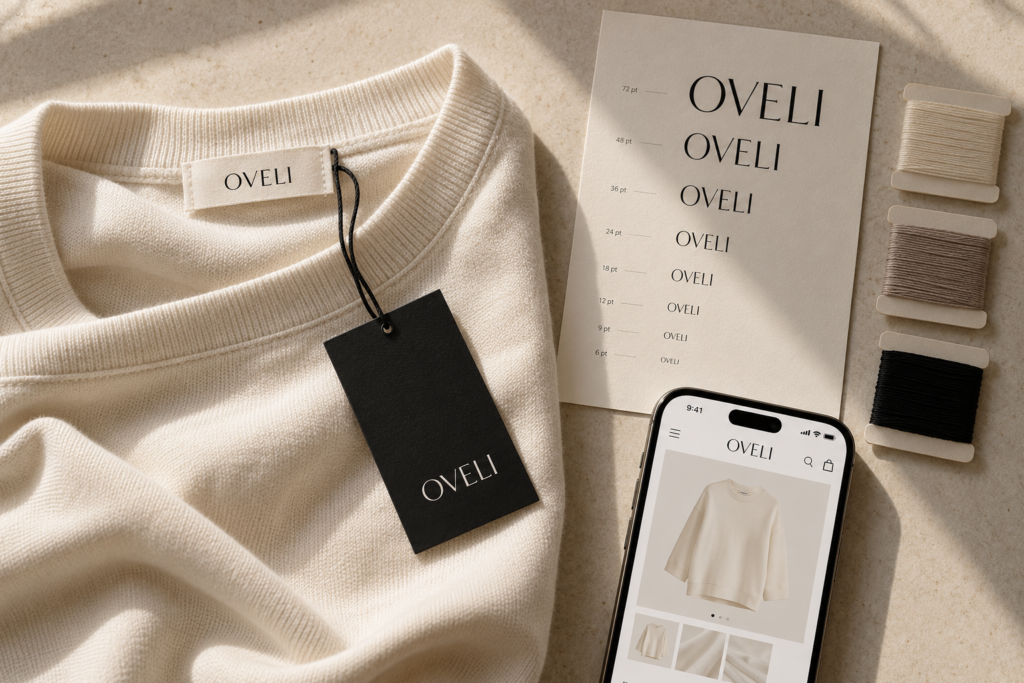 Fonts for fashion brands test with a woven clothing label, hangtag, wordmark reduction sheet, and mobile shop layout.